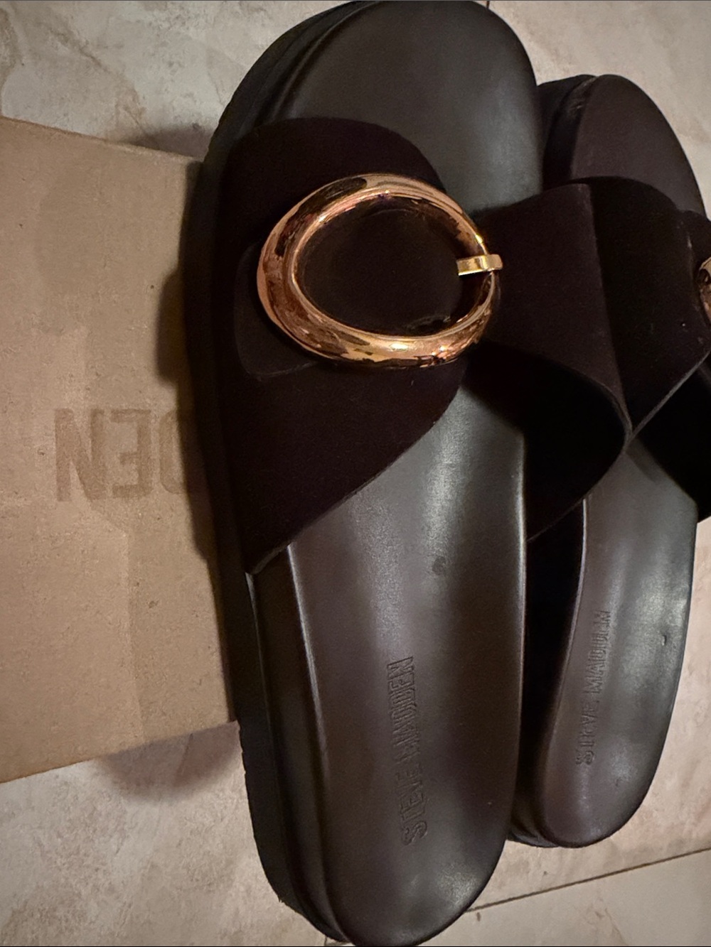 Steve Madden Brown Suede Slide Sandals with Gold Buckle - Picture 3 of 6